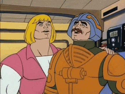 Cartoon Prince Adam and Duncan (Man-at-Arms) throwing their heads back and laughing